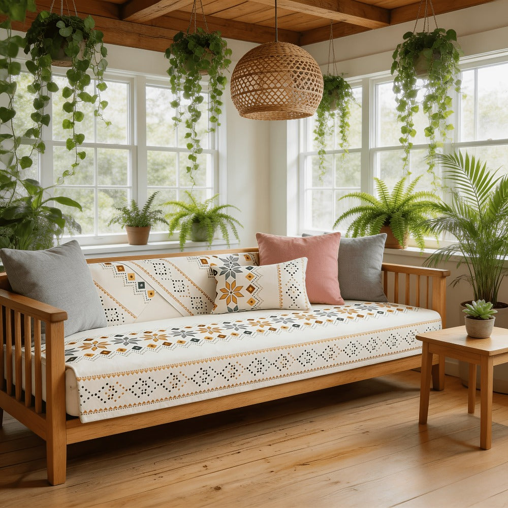 Chenille Sofa Cover Bohemian Style 1pc - Ethnic Pattern Anti-Slip Cat Scratch Resistant Skin-Friendly Couch Slipcover | 2 3 4 Seat Sizes White Green | Living Room Bedroom Office Sofa Cushion Cover Home Decor