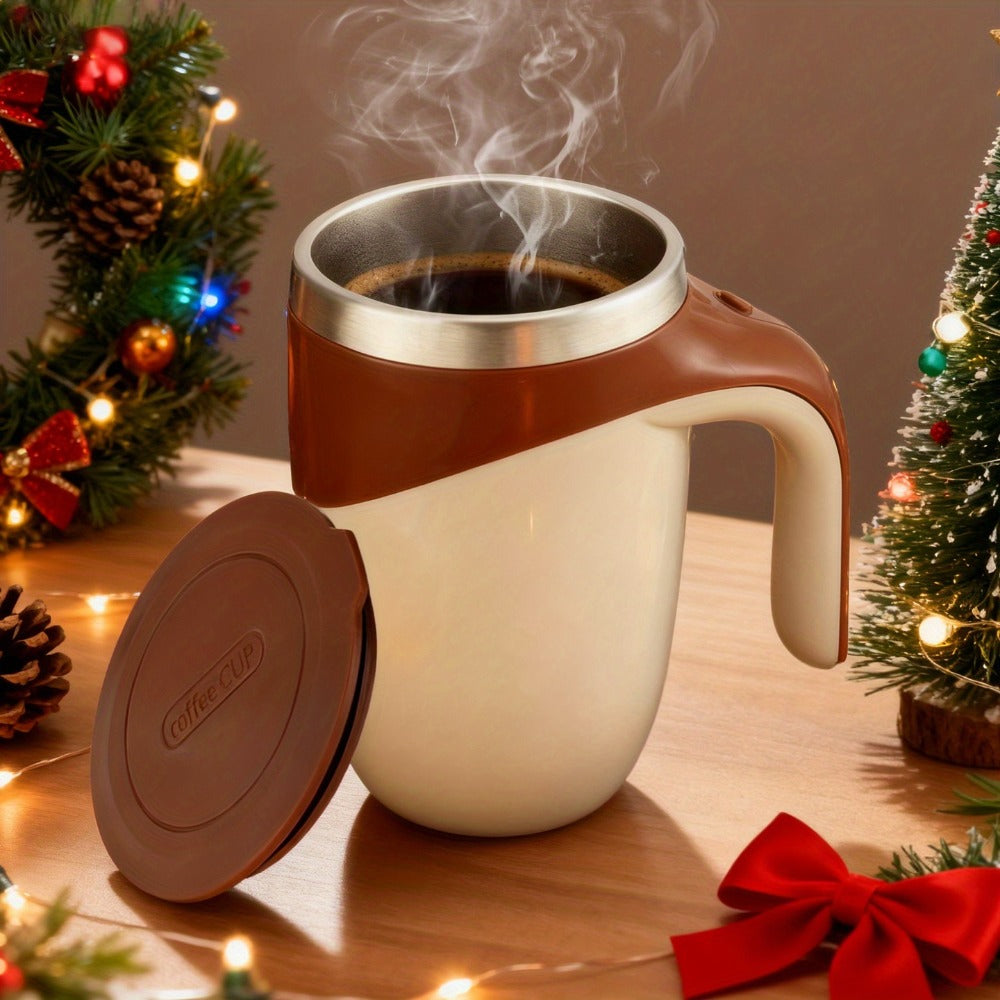 Self Stirring Coffee Mug 8.45oz - Auto Mixing Cup One-Button Start for Coffee Milk Protein Powder, Reusable Travel Mug Brown Cream