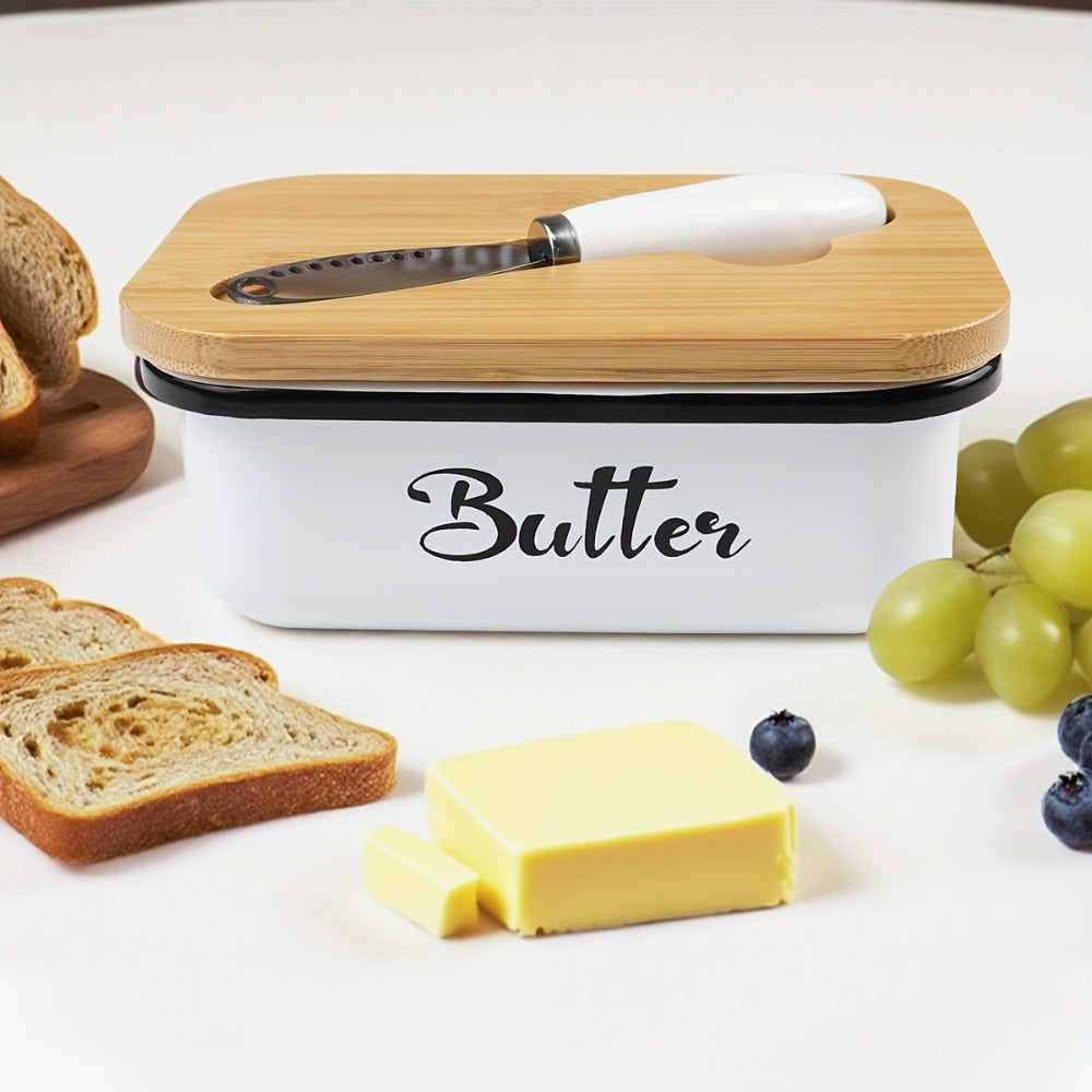 Butter Dish with Bamboo Lid & Knife, Iron Airtight Butter Keeper & Cheese Storage Box ¡ª Large Capacity Kitchen Counter Butter Container | Holiday Gift | Black, Gray, Green