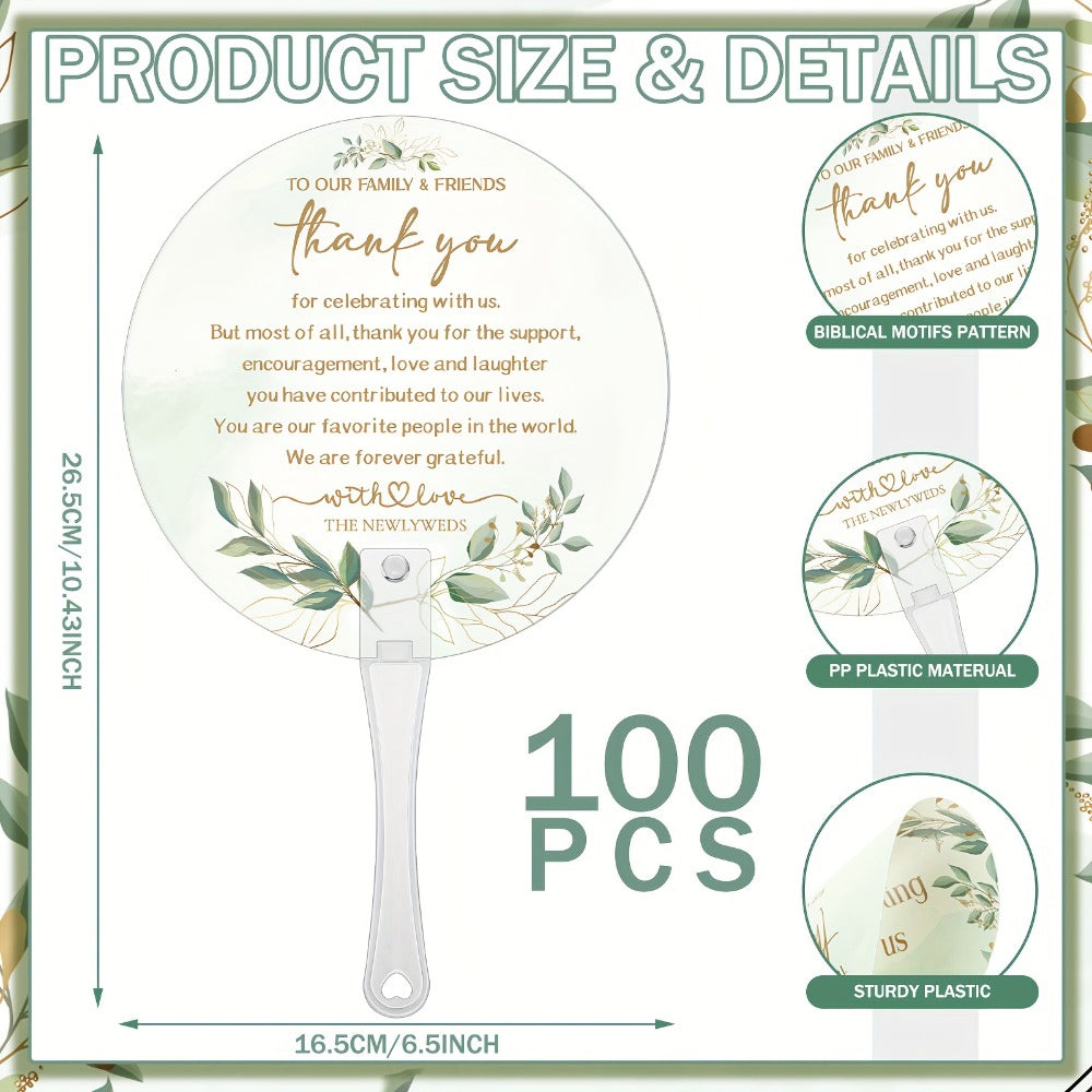 Wedding Hand Fans 100pcs Bulk Plastic Handheld Fans with Handle Greenery Leaf Design Cooling Fans for Ceremony Bridal Shower Party Guests Outdoor Hot Weather Events