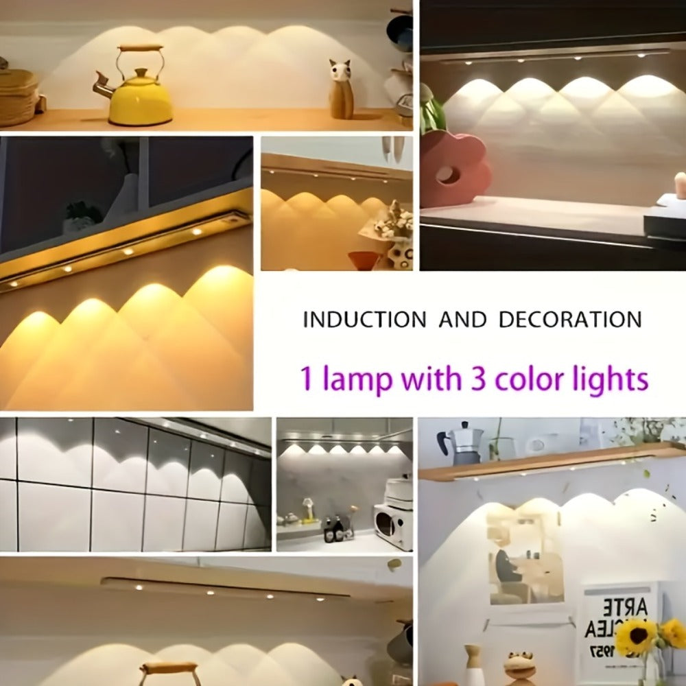 Motion Sensor LED Strip Light USB Rechargeable ¨C 3-Color Dimmable Wireless Night Light for Kitchen, Wardrobe, Cabinet, Shoe Cabinet & Bedroom (20cm / 30cm / 40cm / 50cm, 1 or 2 Pack)