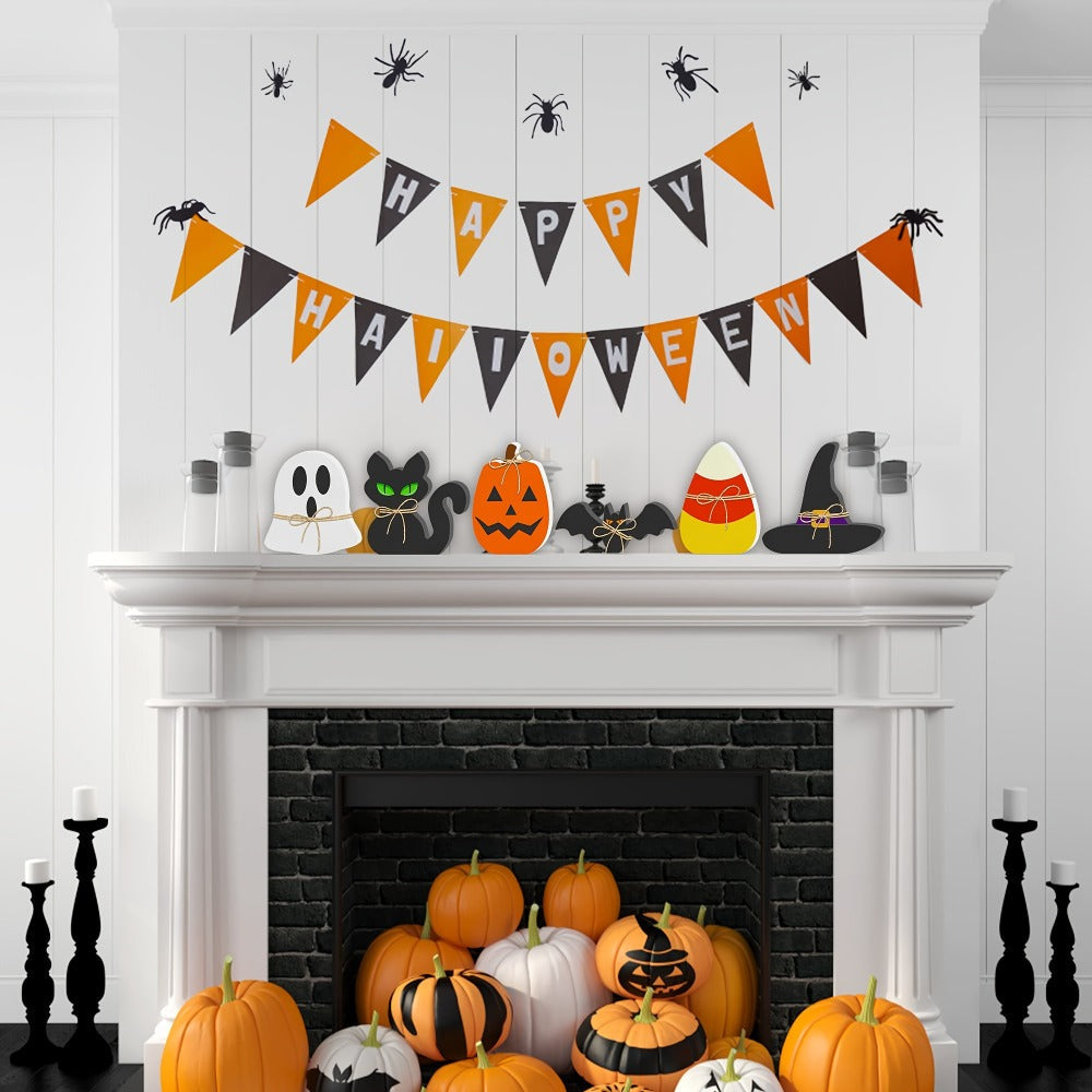 Halloween Wooden Decorations Set of 6 ¨C Freestanding Rustic Table Signs with Pumpkin, Ghost, Bat, Black Cat, Witch Hat & Candy Corn, Farmhouse Tiered Tray & Mantle Decor