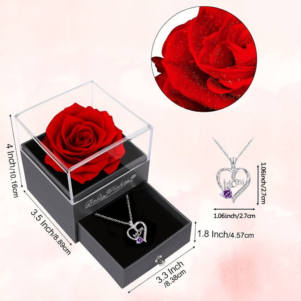 Preserved Real Rose Gift Box with I Love You in 100 Languages Necklace ¨C Romantic Gifts for Girlfriend Wife Mom ¨C Valentine's Day Birthday Mother's Day Christmas Gift Idea for Women