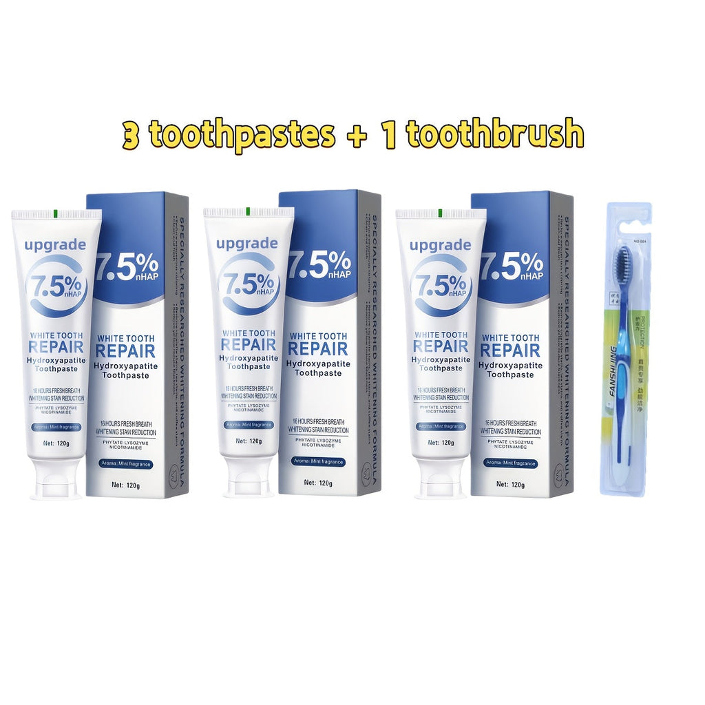 Hydroxyapatite Toothpaste 3-Pack 7.5% Nano Formula Whitening Toothpaste with Toothbrush Teeth Whitening Fresh Breath Enamel Repair Oral Care Set for Home and Travel Gift for Women Men