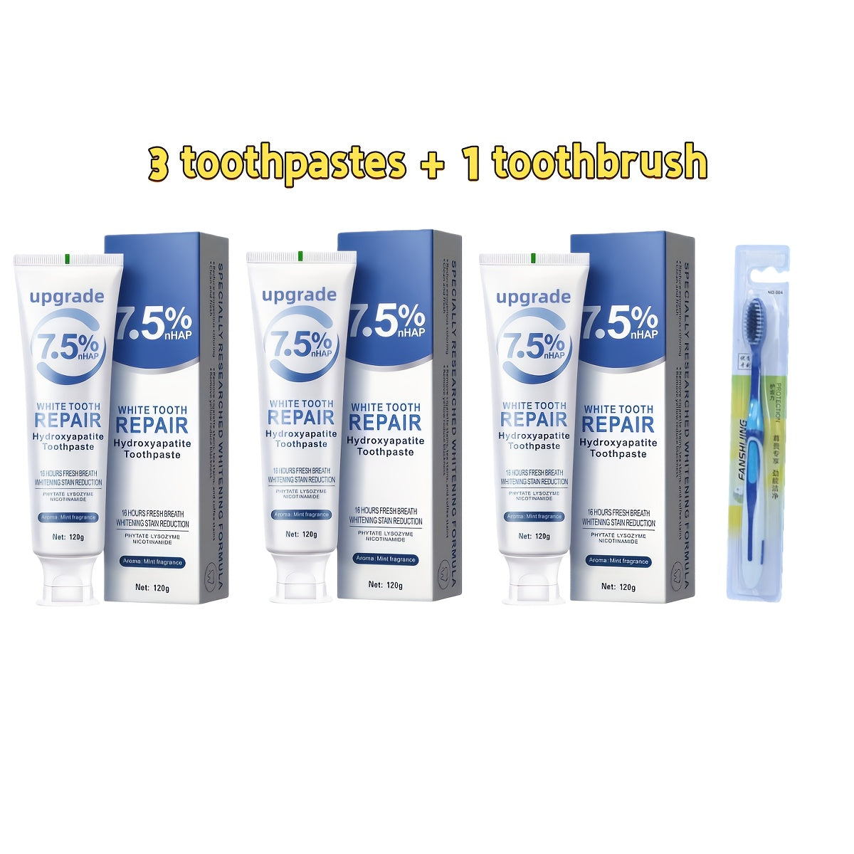 Hydroxyapatite Toothpaste 3-Pack 7.5% Nano Formula Whitening Toothpaste with Toothbrush Teeth Whitening Fresh Breath Enamel Repair Oral Care Set for Home and Travel Gift for Women Men