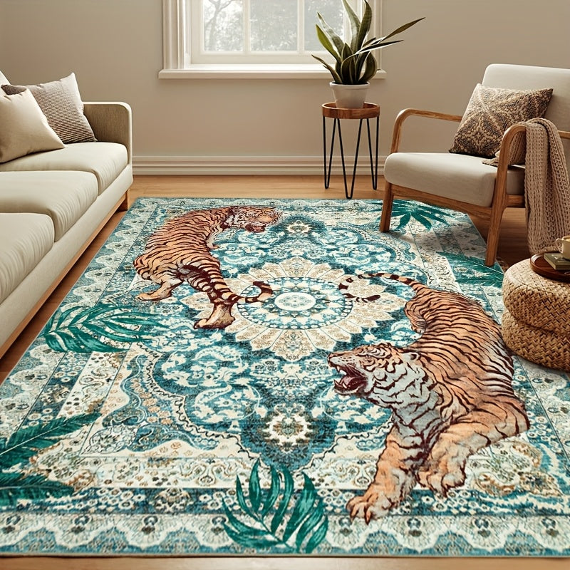 Tiger Print Rug Washable Non-Slip Area Rug - Jungle Forest Design Ultra-Thin Indoor Carpet for Living Room Bedroom Home Office, Red Green Beige, 5x7 6x9 8x10 9x12ft