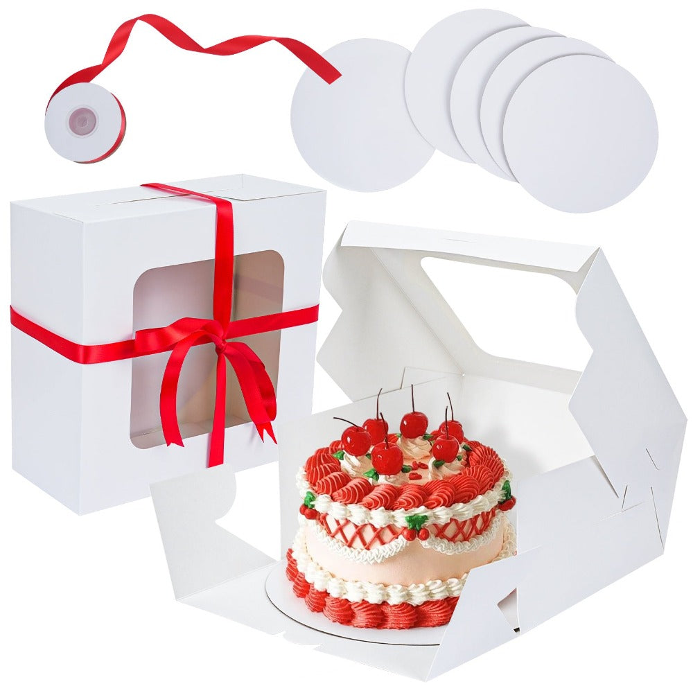 Cake Boxes 10 Sets 10x10x5 Inch White Square Bakery Boxes with Window Red Ribbon and Round Cake Boards for Birthday Party Wedding Holiday Baking Gift Packaging