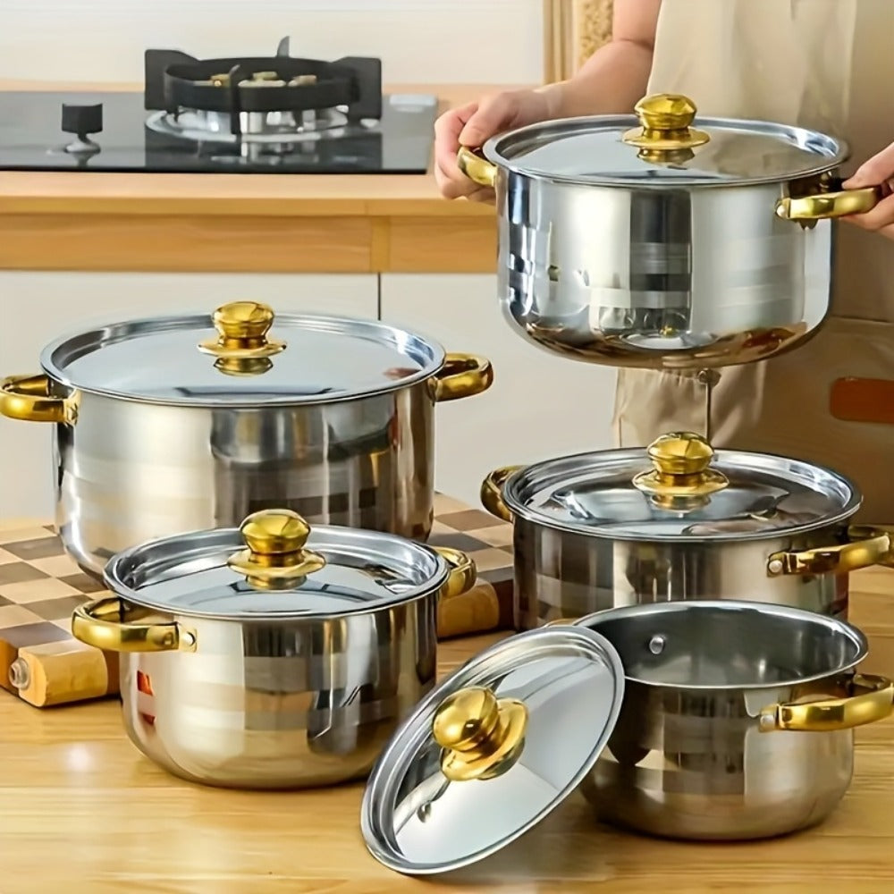 Stainless Steel Non-Stick Cookware Set 10/12pcs, 316 Grade Steel Frying Pan, Stockpot & Milk Pot with Lid, Multi-Functional Kitchen Cooking Set in Gold, Pink & Orange