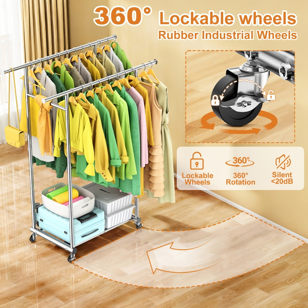 Portable Clothes Rack with Wheels ¨C Heavy Duty Double Rod Garment Rack with Shelves & Hooks | Metal Rolling Clothing Rack for Hanging Clothes | Multi-Functional Closet Rack for Bedroom & Laundry Room