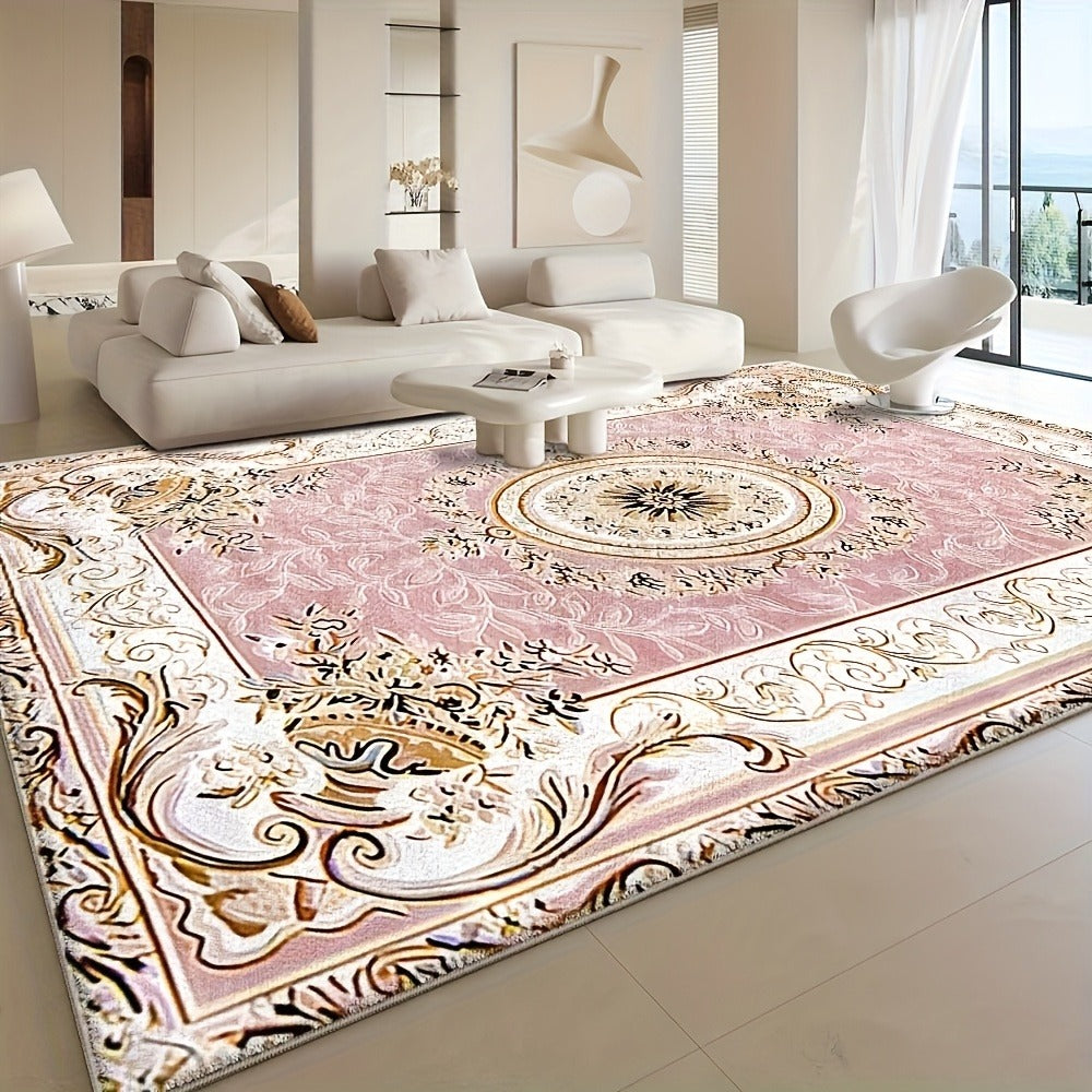 Luxury Velvet Area Rug 852 GSM Machine Washable Low-Pile Floral Checkered Non-Slip Polyester Carpet for Bedroom Living Room Dining Room Office Vintage Elegant Home Decor