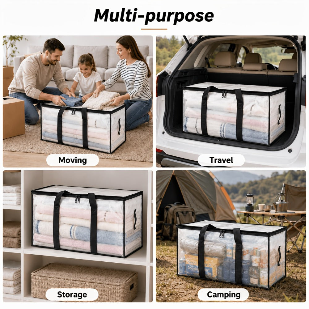 Heavy-Duty Moving Bags Set of 6 ¨C Oversized Storage Totes with Reinforced Handles & Snap-Close Lid, Space Saver Bags for Clothes, Quilts & Moving Supplies, Transparent