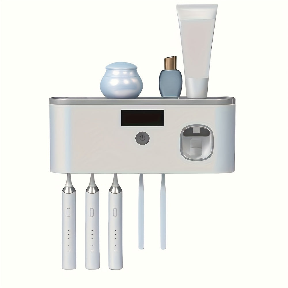 Toothbrush Holder Wall Mounted No Drill - 4-Slot Bathroom Toothbrush & Toothpaste Storage Rack, Modern Bathroom Organizer, Self-Adhesive Wall Mount, White Grey Bathroom Decor Accessories