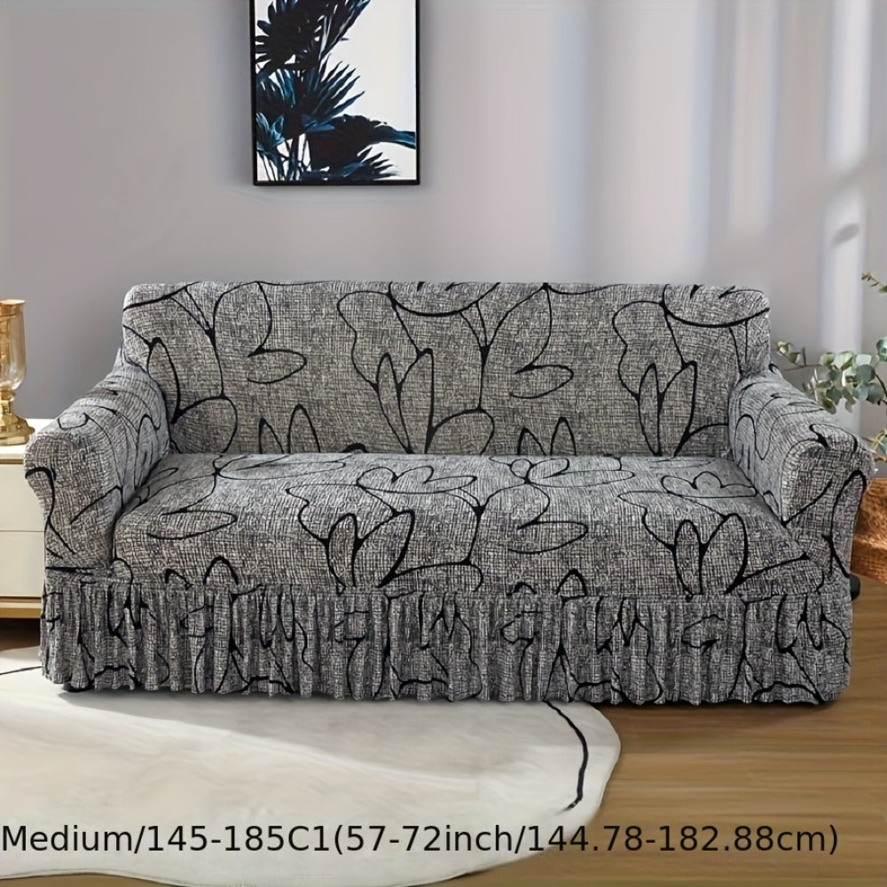Printed Sofa Cover with Skirt Elastic Four Seasons Universal Furniture Protective Slipcover for Bedroom Office Living Room - 1 2 3 4 Seater Gray