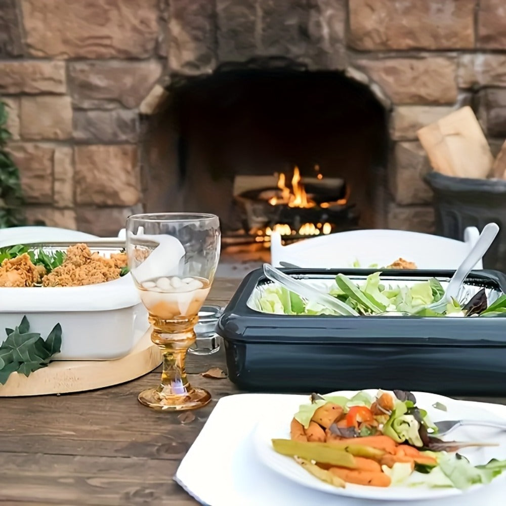 Aluminum Foil Tray with Lid - Insulated Stackable BBQ & Salad Serving Container for Outdoor Picnic, Party, Kitchen Use, Rectangular, Black & Red