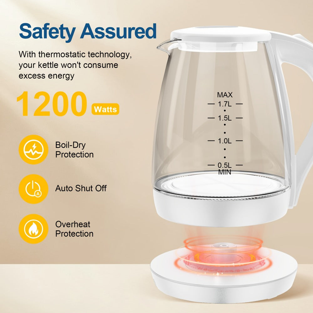 Glass Electric Kettle 1200W Fast Boiling ¨C 57.48oz Tea Kettle with LED Indicator, Auto Shut-Off & Boil-Dry Protection, Elegant Transparent Design for Kitchen, Office & Camping