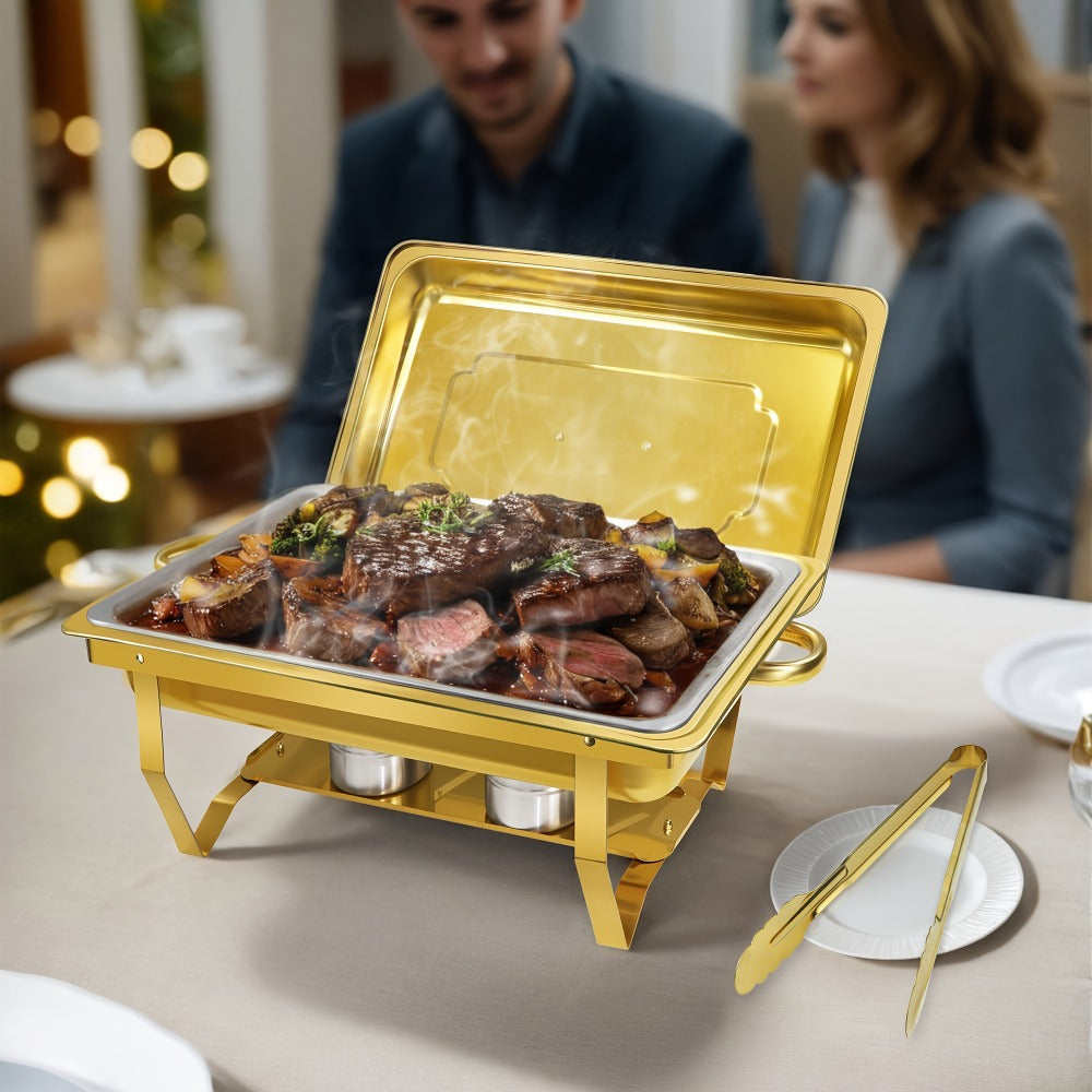 Chafing Dish Buffet Set 8QT Gold - Stainless Steel Food Warmer with Lid Foldable Stand & Golden Serving Tongs for Parties Weddings Catering Events, 1 or 4 Pack