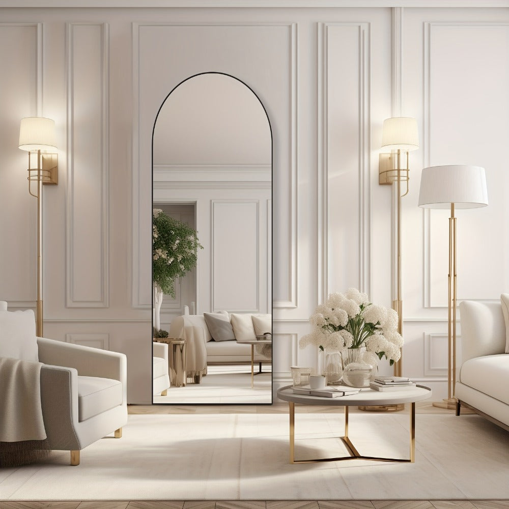 Full Length Floor Mirror with Stand ¨C Arched & Rectangular Full Body Mirror, Aluminum Alloy Frame, Shatter-Proof Nano Glass, Bedroom Living Room Cloakroom Wall Leaning Mirror