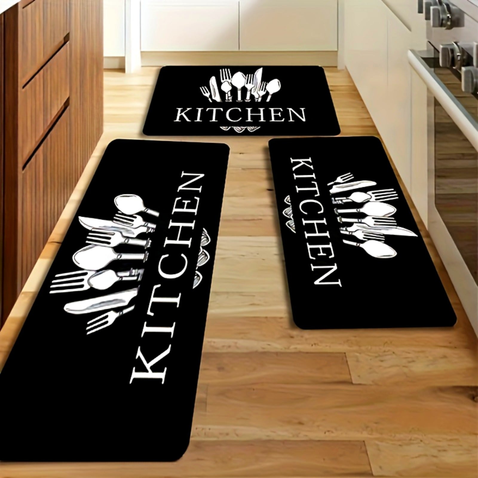 Kitchen Mat Set 3-Piece Alphabet Knife & Fork Pattern ¨C Non-Slip Soft Washable Rugs for Kitchen, Dining Room & Bathroom