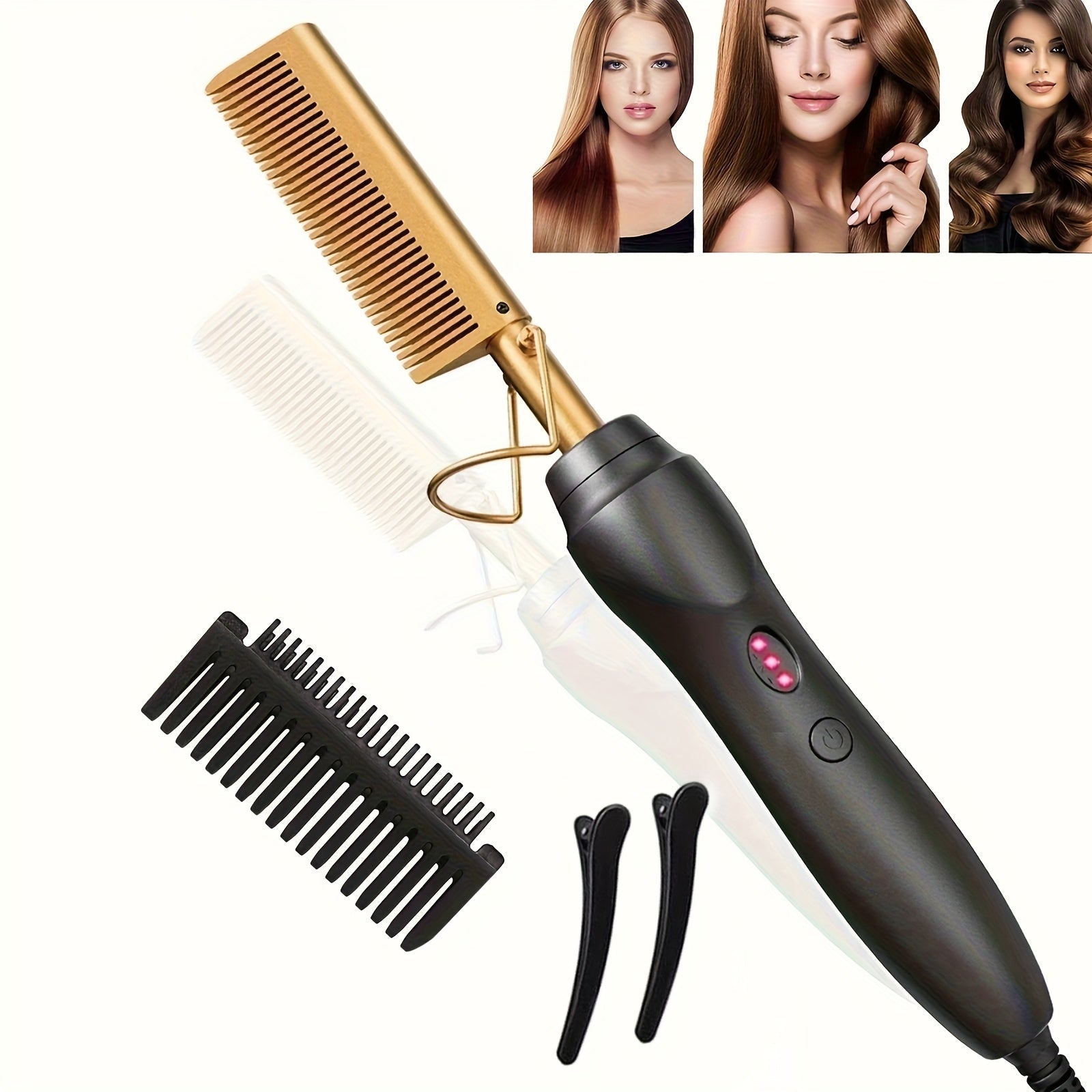 Electric Hot Comb Hair Straightener Ceramic Copper Heating Plate Portable Heat Press Comb for Curl Straight Style Beard Wig Wet Dry Hair Styling Tool for Women Men