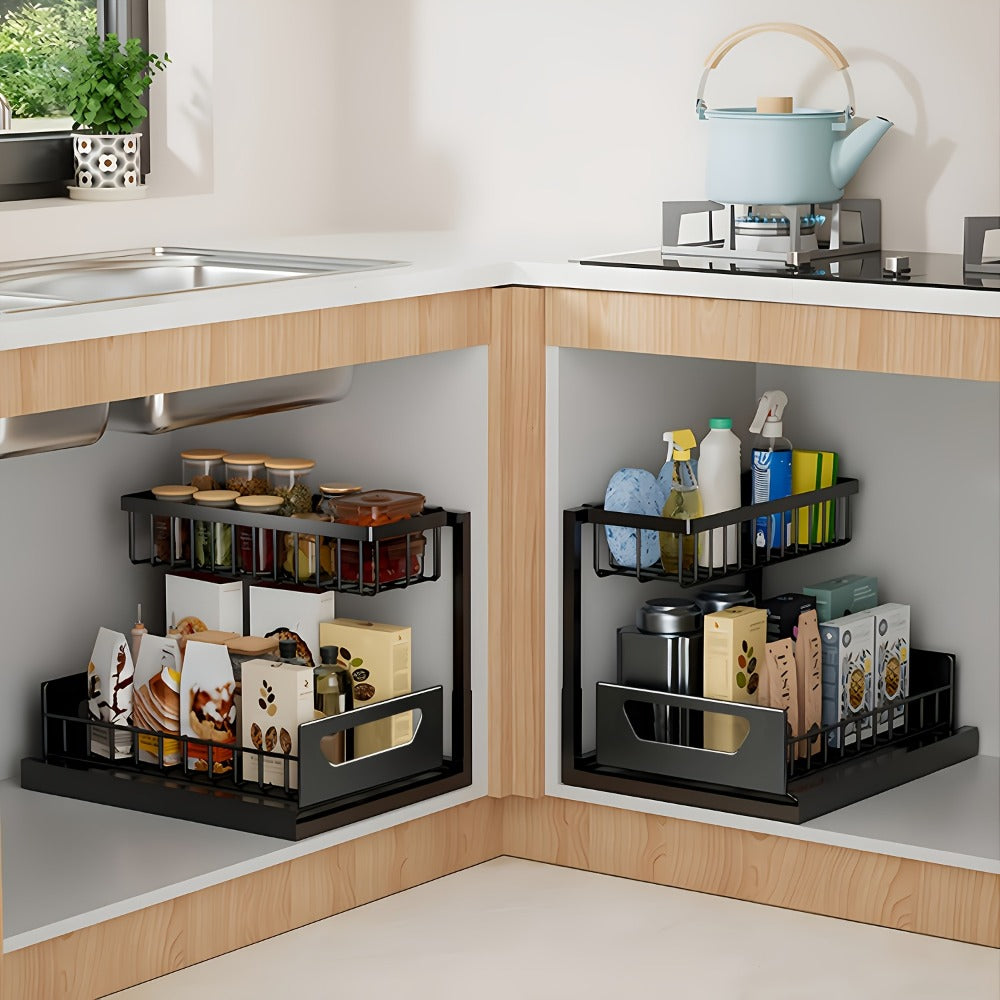 2-Tier Pull-Out Cabinet Organizer Metal Sliding Drawer, Kitchen Sink Storage Container for Bathroom Tabletop Study, Push-Pull Stackable Organizer for Kitchen Bathroom Cabinet
