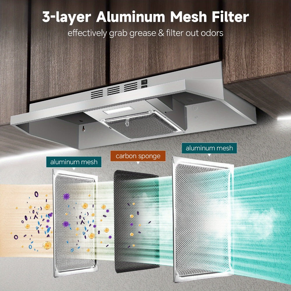 Range Hood 36 Inch Under Cabinet Ducted Ductless Convertible Stainless Steel 350CFM 2-Speed Exhaust Fan LED Light 3-Layer Aluminum Mesh Filter Top Rear Venting Kitchen Vent Hood