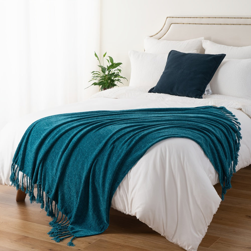 Chenille Fringe Throw Blanket ¨C 180-200gsm Velvety Soft Decorative Throw for Sofa & Couch, Home Decor, 50¡±¡Á60¡±, 17 Colors