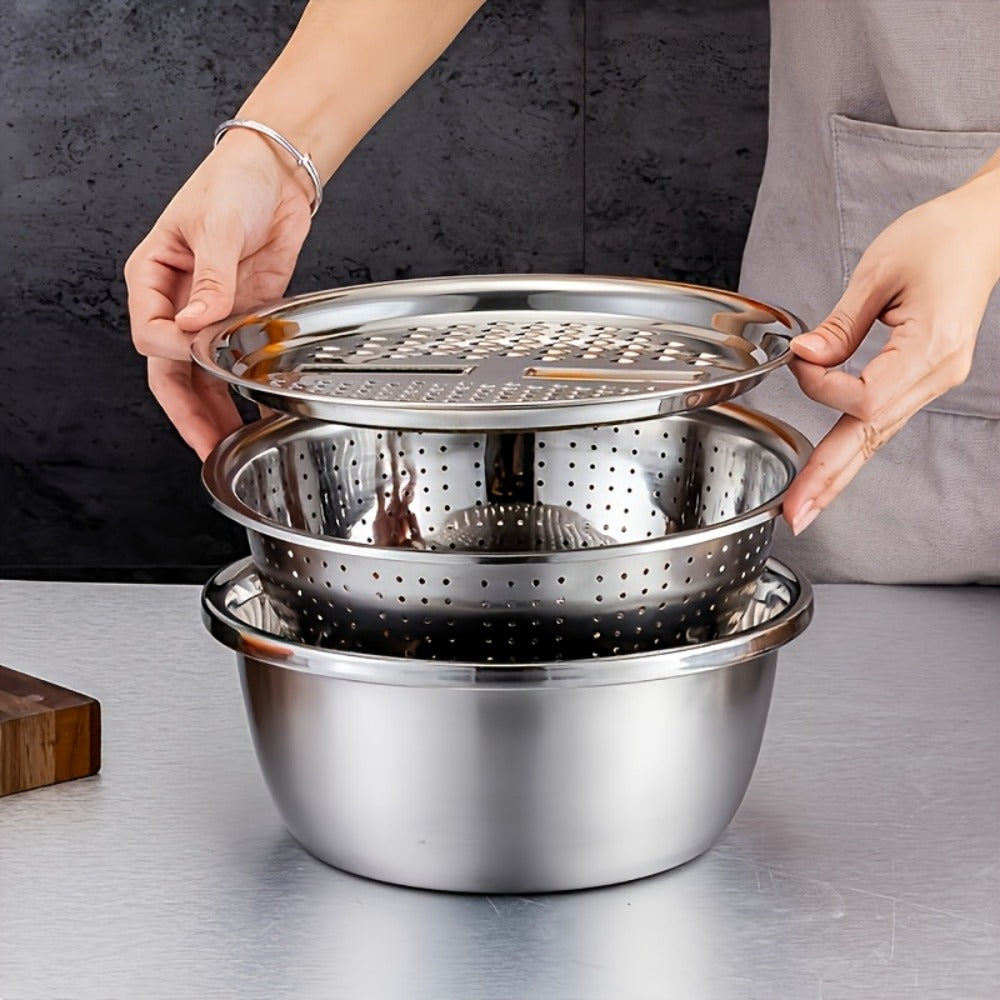 Stainless Steel Kitchen Tool Set 3pcs ¨C Built-In Grinder, Colander Filter & Mixing Bowl for Washing, Slicing & Draining Fruits, Vegetables & Cheese, Food-Safe Drainage System