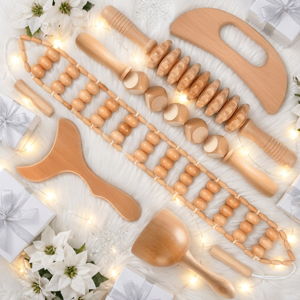 Wooden Massage Tool Set 6pcs Manual Facial Massager Kit with Wood Rollers Pointed Bead Textured Heads for Face Neck Full Body Relaxation Stress Relief Wellness Spa Gift for Women Men