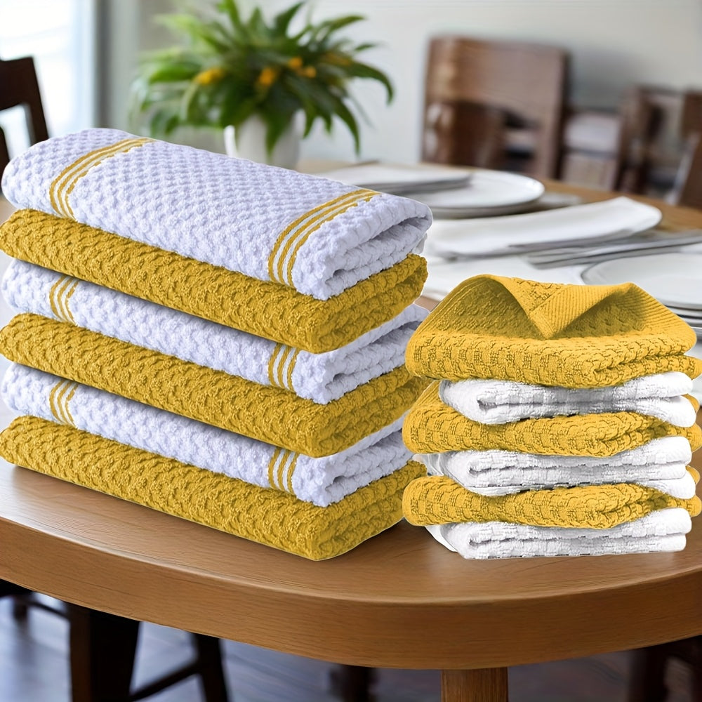 Cotton Kitchen Dish Towel Set 12pcs | 6 Hand Towels 15¡±x25¡± & 6 Wash Towels 12¡±x12¡± | Striped Weave Absorbent Durable Towels for Cooking Cleaning Drying