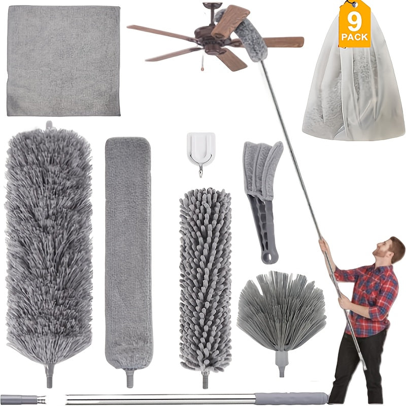 Microfiber Duster Kit with 100 Inch Extension Pole Extendable Bendable Washable Feather Duster for High Ceiling Fan Cobweb Blinds Furniture Car 9 Pack 12 Pack