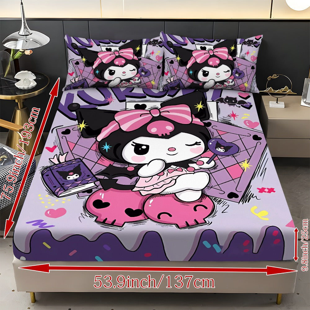 Sanrio Hello Kitty & Kuromi Bedding Set 3pcs ¨C Fitted Sheet & Pillowcases, Soft Polyester, Machine Washable, Twin Full Queen King, All-Season Bedroom Decor for Kids Girls Home Guest Room