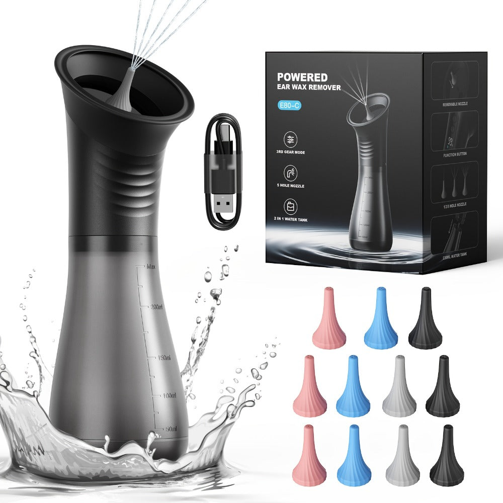 Electric Ear Wax Remover Rechargeable - LED Battery Display, 3 Pressure Levels, Integrated Waste Water Tank, Gentle Earwax Cleaning Tool for Home Use - Safe Ear Irrigation Cleaner for Adults & Kids