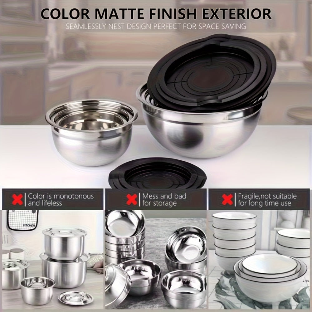 Stainless Steel Mixing Bowls with Airtight Lids Set of 14 Seven Nesting Bowls 0.7 to 4.5QT for Mixing Serving Salad Food Prep Kitchen Storage
