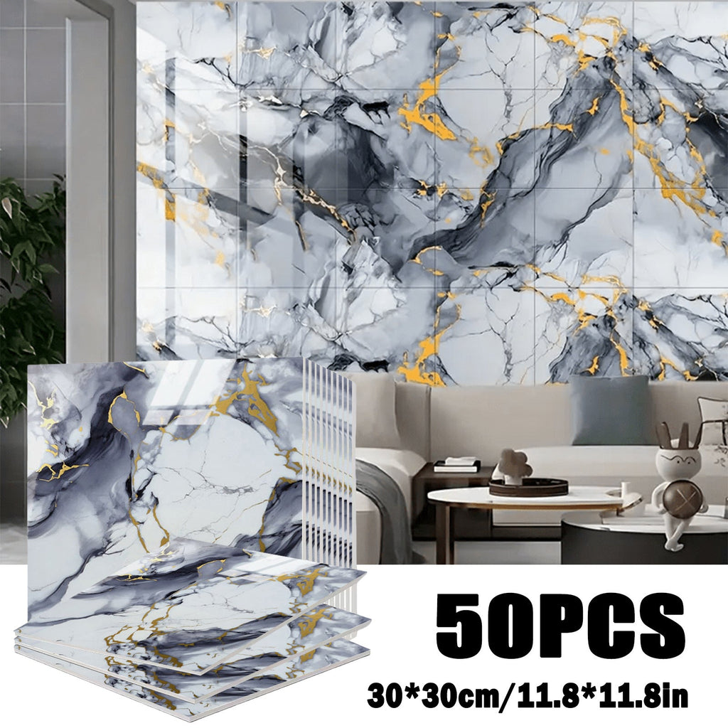 Self-Adhesive Marble Tile Stickers 11.8x11.8in Peel and Stick Wall Tiles for Bathroom Kitchen Backsplash ¨C Waterproof 3D Glossy Imitation Marble Wall Panel, Easy to Install, 50 or 100 Pack