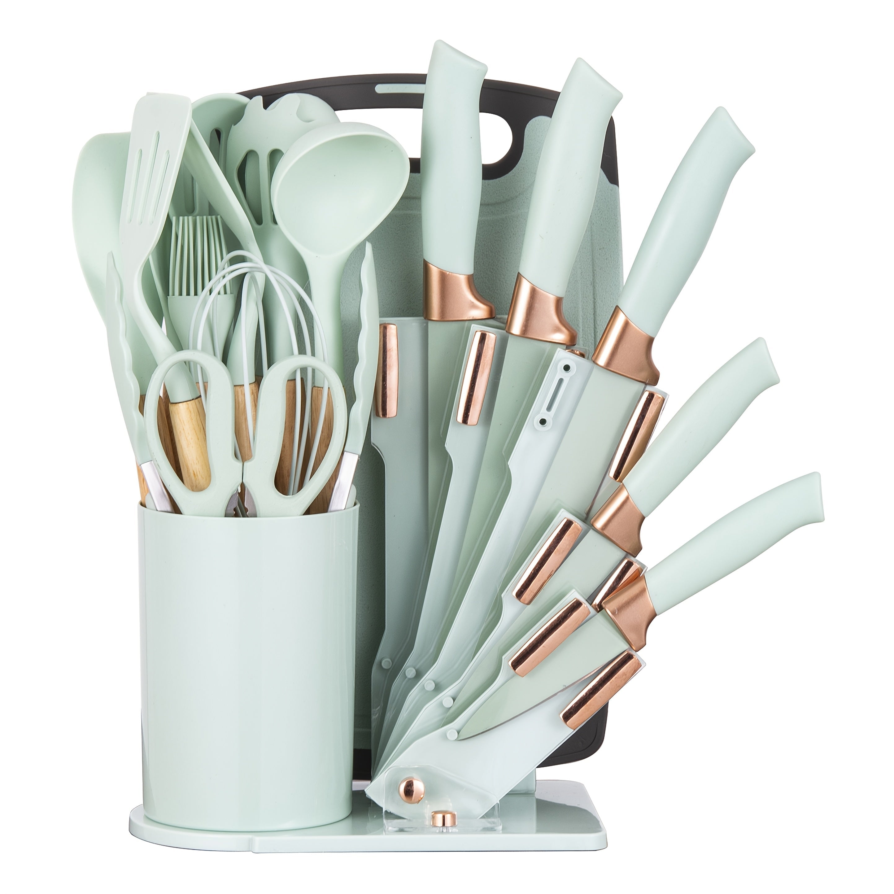 19-Piece Kitchen Knife & Utensil Set with Wooden Handles, Non-Stick Blades, Silicone Cooking Tools, Cutting Board, Scissors & Holder