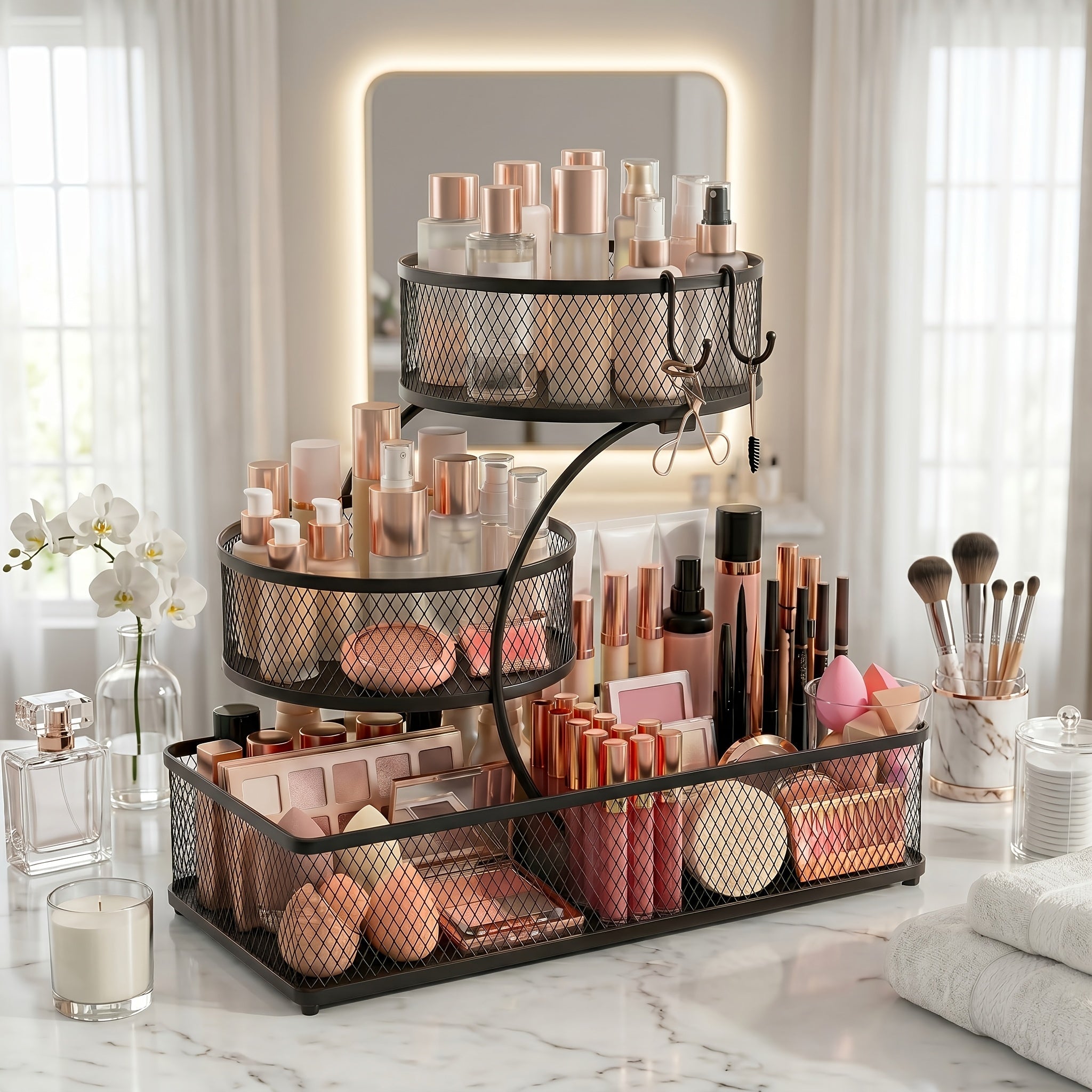 Bathroom Storage Rack 3-Tier Metal Countertop Organizer with Spray Bottle & Hooks ¨C Rust-Resistant Diamond Mesh Shelf for Vanity, Skincare, Cosmetics & Toiletries
