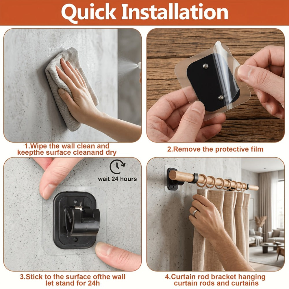 No-Drill Curtain Rod Set with Adhesive Brackets Renter Friendly 5/8 Inch Adjustable Window Drapery Pole for Bedroom Living Room Apartment Dorm Black Gold White 32-128 Inch