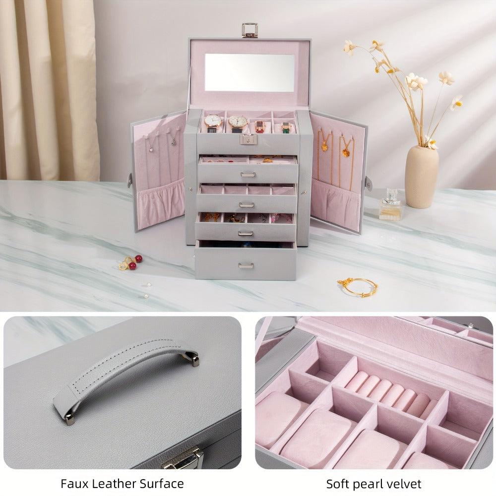 Large Jewelry Box 5-Tier PU Leather Organizer with Lock & Mirror ¨C Storage Case for Bracelets, Earrings, Rings & Necklaces
