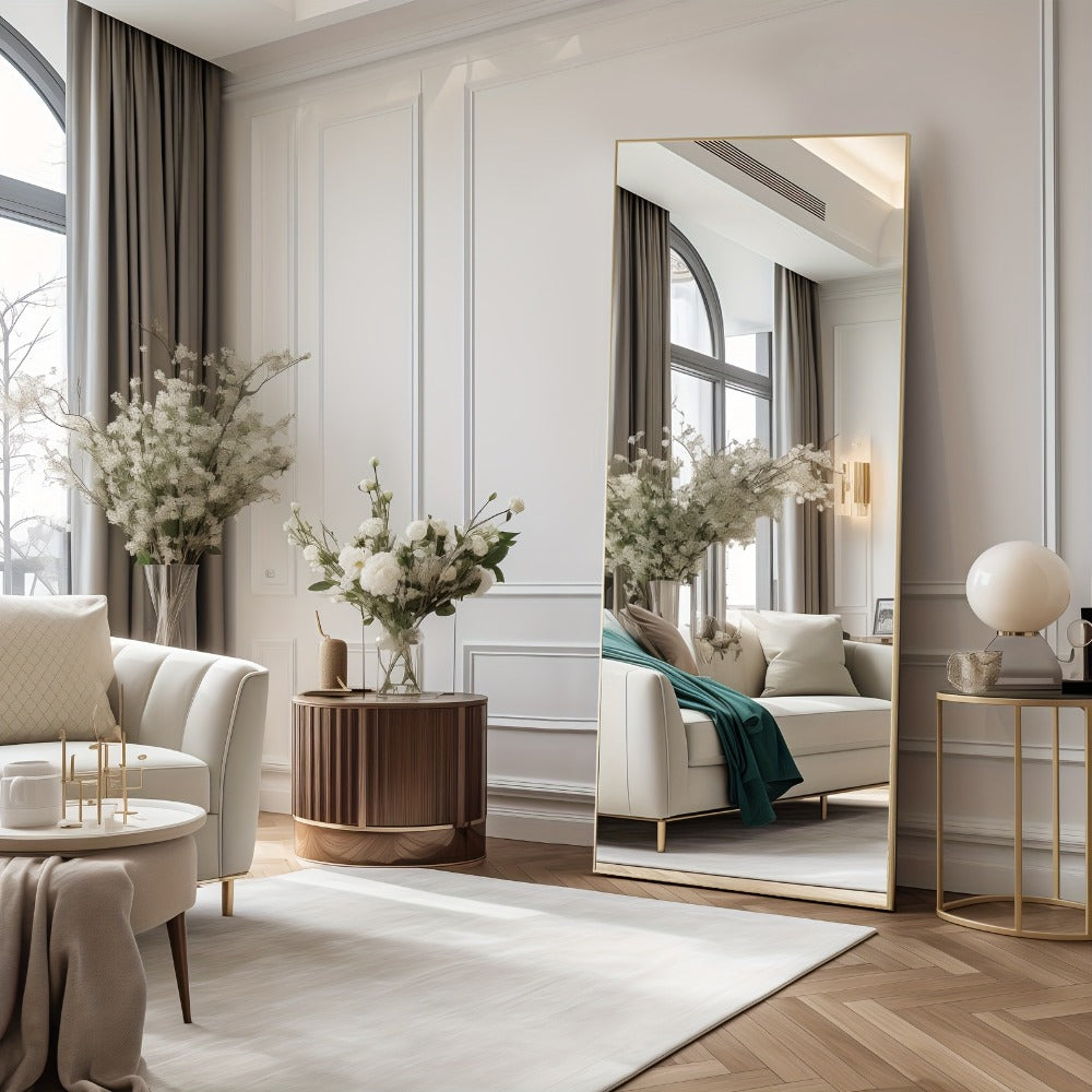 Full Length Floor Mirror with Stand ¨C Arched & Rectangular Full Body Mirror, Aluminum Alloy Frame, Shatter-Proof Nano Glass, Bedroom Living Room Cloakroom Wall Leaning Mirror