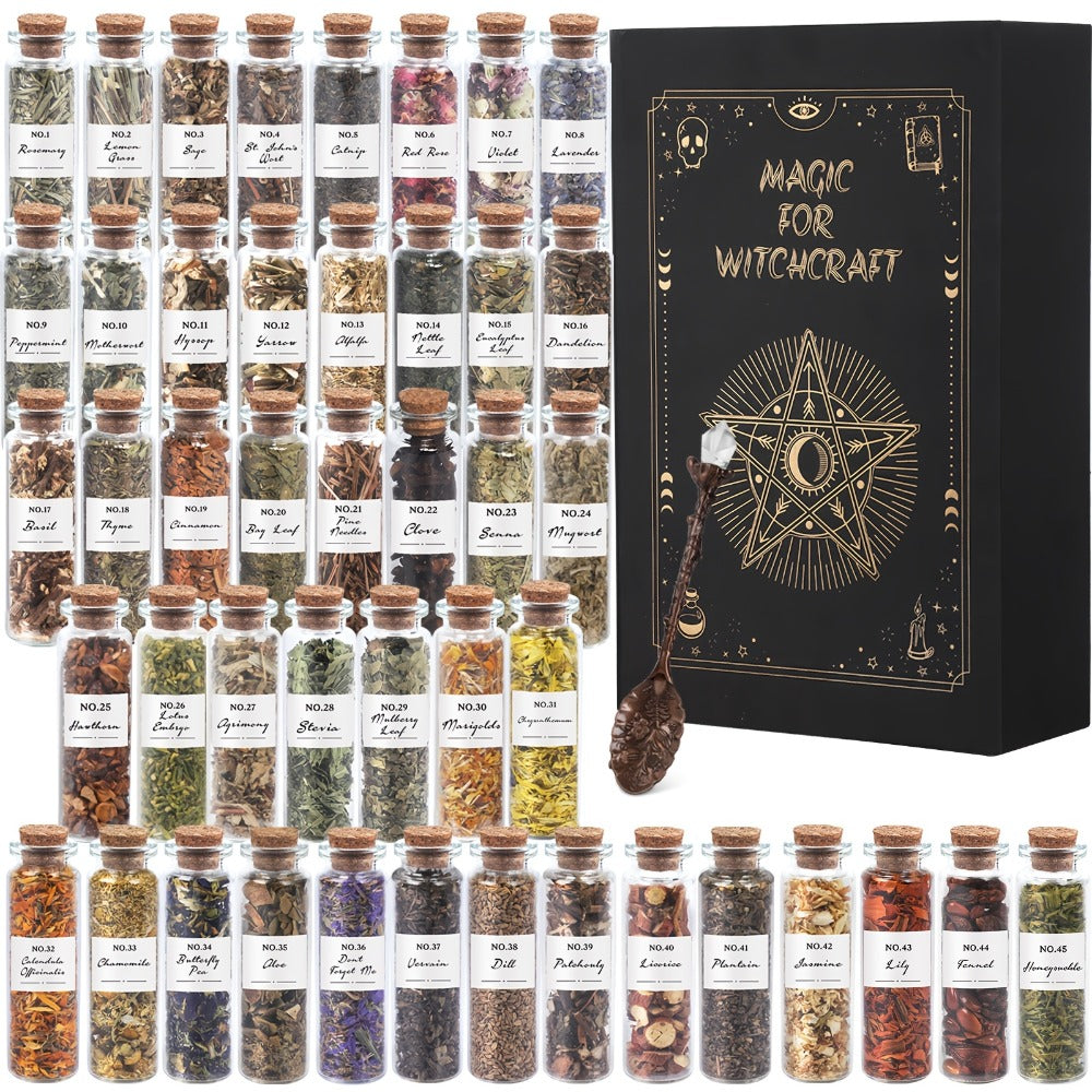 Dried Herbs Kit 45 Bottles with Crystal Spoon ¨C Altar Supplies Herb Set for Wicca, Pagan Magic, Incense Spells & Bath Rituals ¨C Beginner Witchcraft Starter Kit, Unique Gift for Mother's Day, Graduation & Weddings
