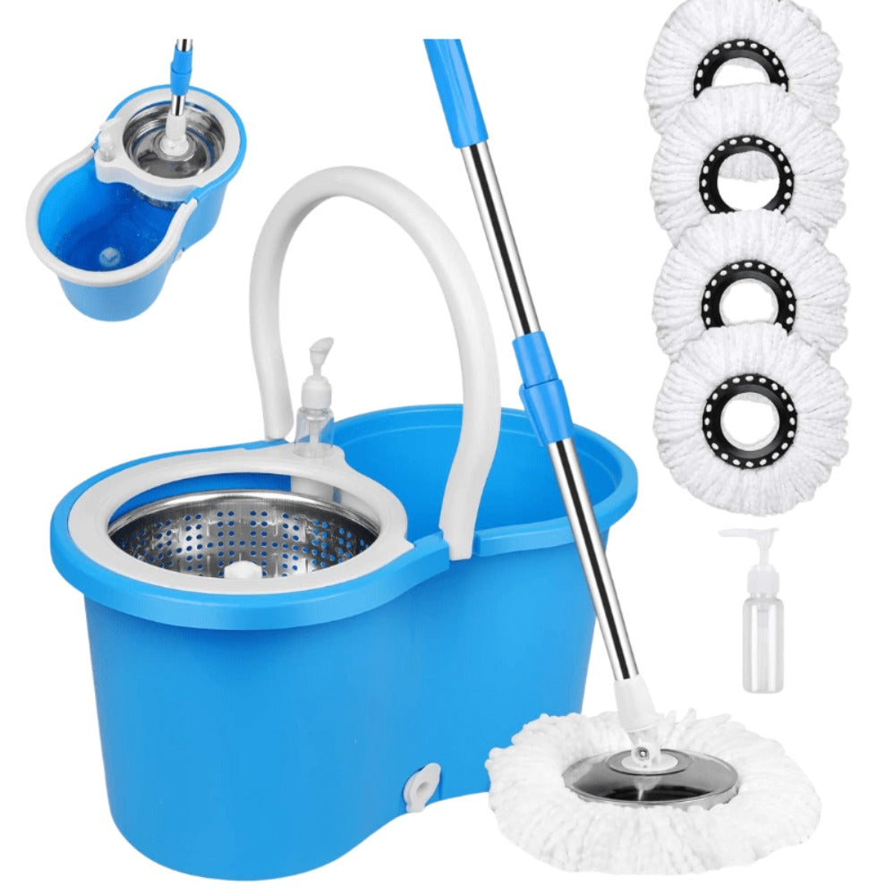 360 Spin Mop and Bucket Set with Wringer - Stainless Steel Extended Handle Spinning Mop Bucket System with Microfiber Mop Refills for Hardwood, Tile & Laminate Floor Cleaning, Black Blue Pink Red