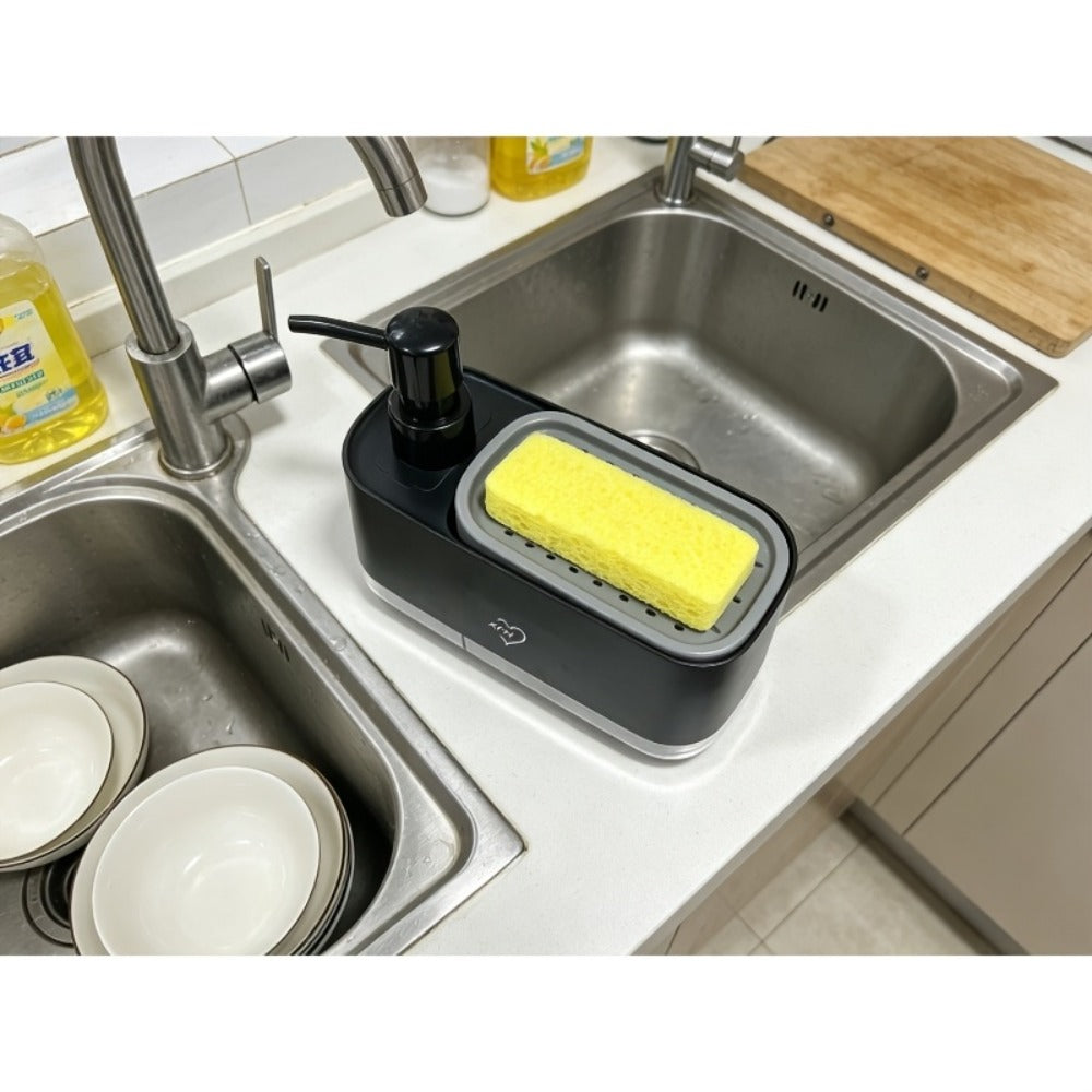 Soap Dispenser with Sponge Holder 2-in-1 - Countertop Dish Soap Pump Dispenser and Sponge Caddy for Kitchen Sink, Multi-Functional Detergent Dispenser with Built-In Sponge Holder, Available in White and Black Upgraded Version