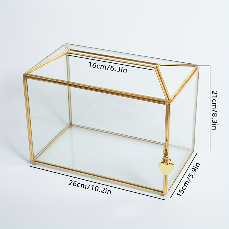 Wedding Card Box with Lock Glass Gold Transparent Slot Lid 10.2x5.9x8.3 In Holds 100 Cards for Wedding Baby Shower Birthday Party