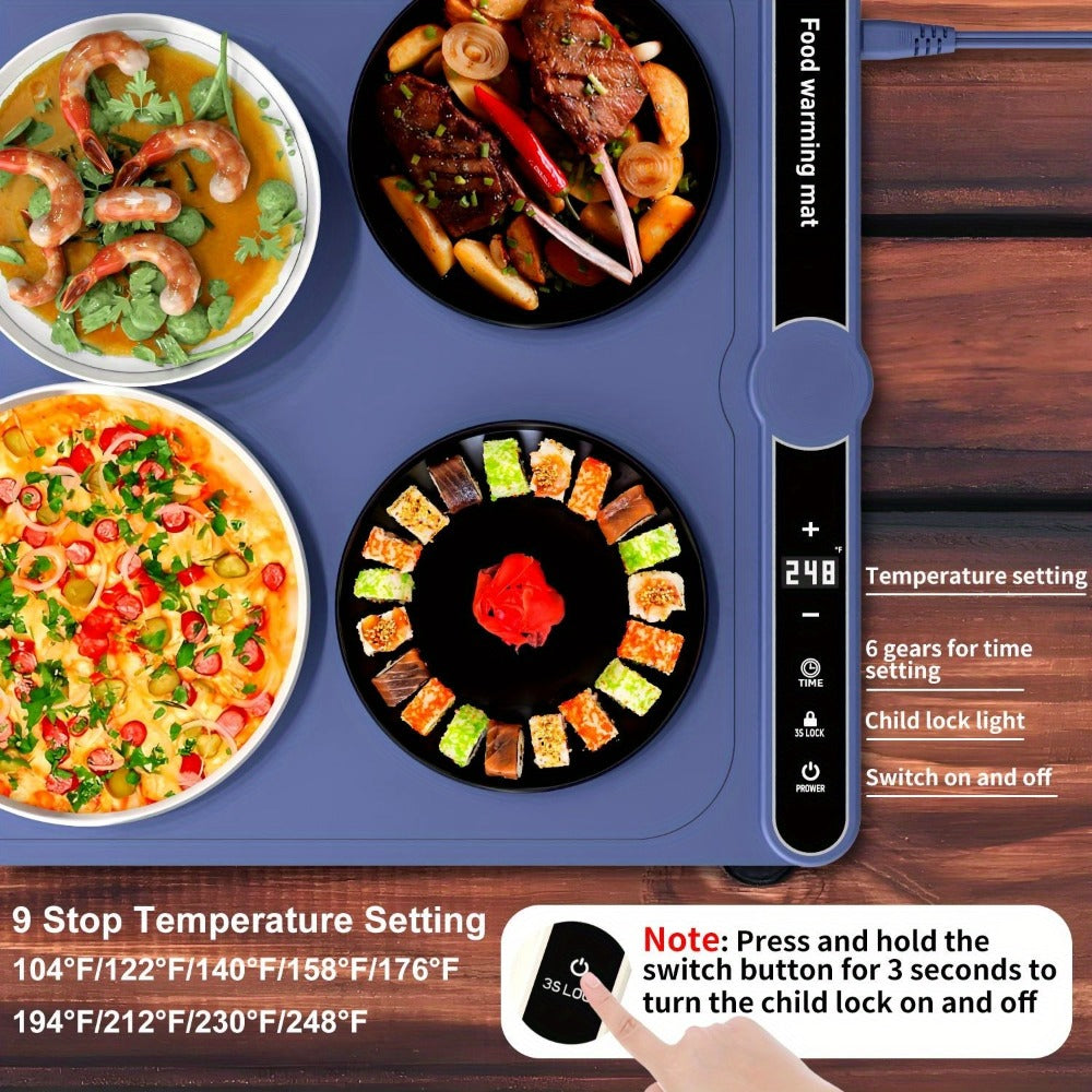 Electric Food Warming Mat with 6 Temperature Levels & 6-Hour Timer ¨C Full Surface Roll-Up Heating Tray for Holiday Parties Buffets Dining Table Keeps Food Warm Blue Beige