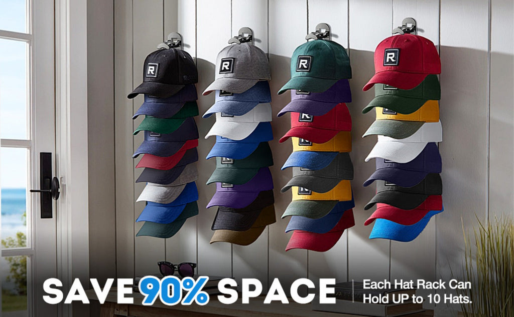 Wall Mounted Hat Rack for Baseball Caps ¨C Adhesive or Drill Mount, Holds 20 Hats, Multilayer Storage, 2pcs