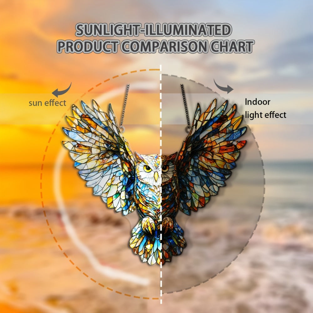 Owl Hanging Ornament Colorful Acrylic 6.7¡±x8¡±, 2D Flat Animal Wall Art Decoration for Christmas Tree, Home, Office & Outdoor, Unique Birthday & Anniversary Gift for Her ¨C Boho Bird Decor (1pc)