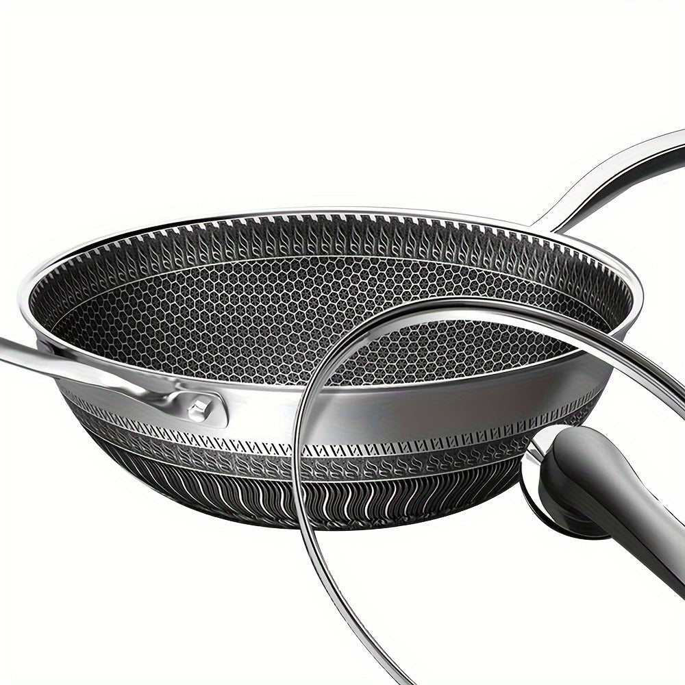 Stainless Steel Wok 13.3 Inch Honeycomb Non-Stick with Lid Spatula & Pot Brush ¨C All Cooktop Compatible Stir Fry Pan | Induction Gas Electric Ceramic | Complete Kitchen Wok Set Cooking Accessories