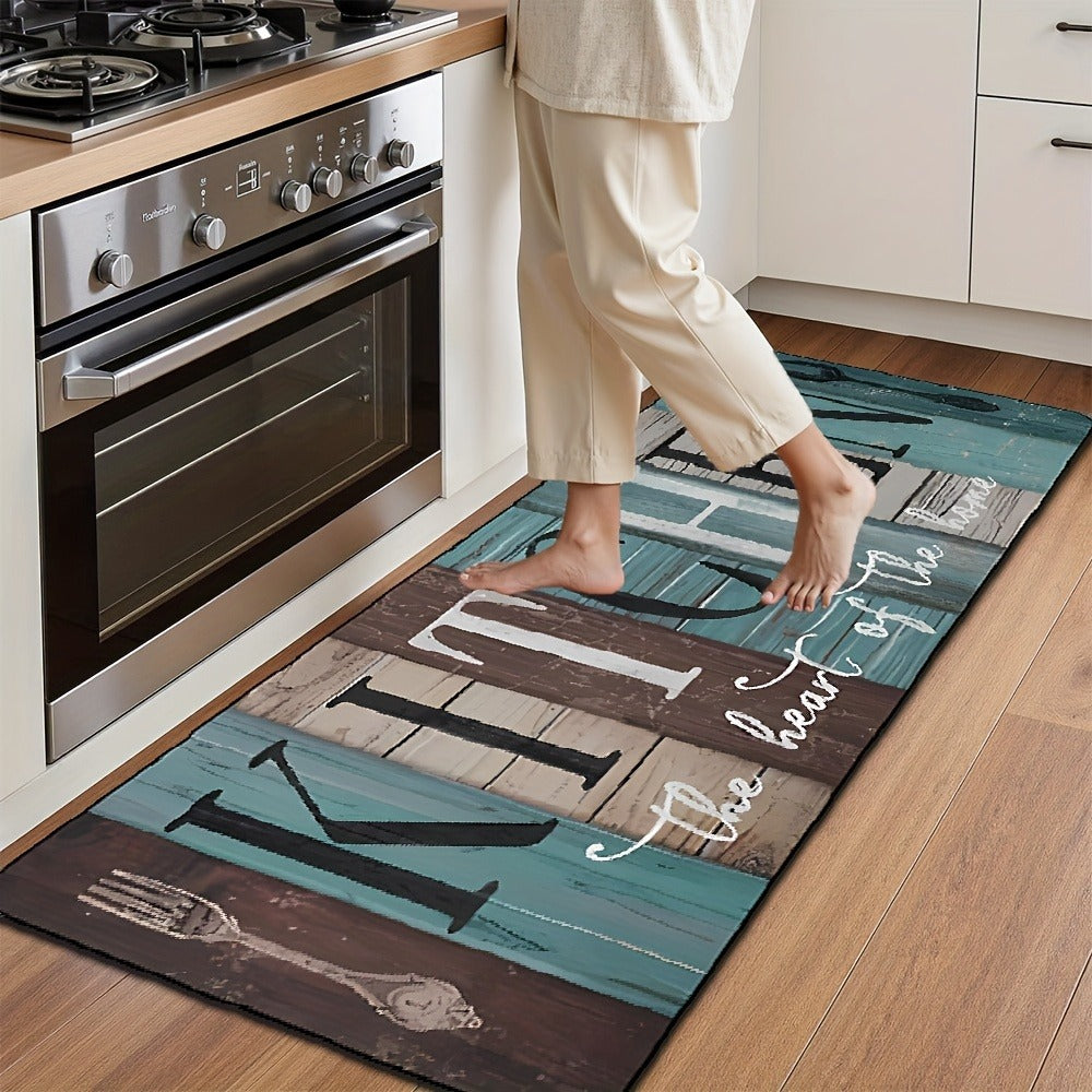 Diatomaceous Earth Kitchen Mat Set 2pcs - Non-Slip Anti-Fatigue Rug for Kitchen Bathroom Bedroom Hallway, Green Brown Wood Plank Pattern, Easy Clean