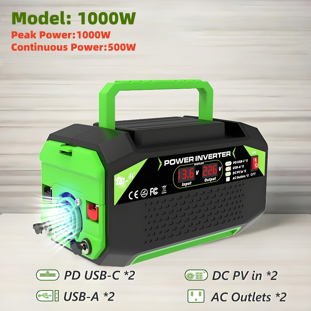 Power Inverter 500W/1000W DC 12V to AC 110V - Car Power Converter with LCD Display, 2 AC Outlets, 2 USB Ports & 2 Type-C, for Home, Car, RV, Camping & Outdoor Emergency Power