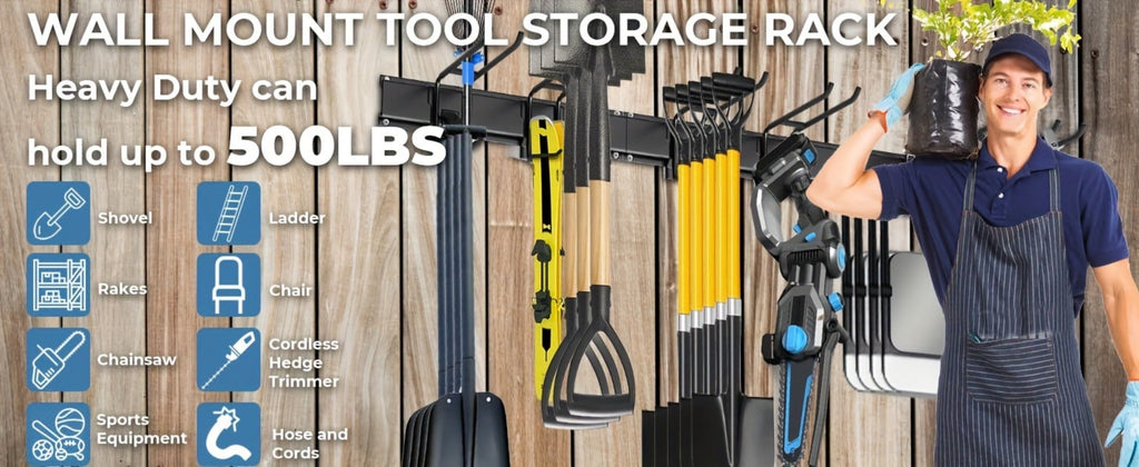 Garage Tool Organizer Wall Mount 48¡± ¨C Heavy Duty Pegboard with Adjustable Swivel Hooks, 1 Double Hook & 5 Straight Hooks, Holds 420lbs, Broom Holder for Yard Tools, Shovels, Hoses & Garden Equipment